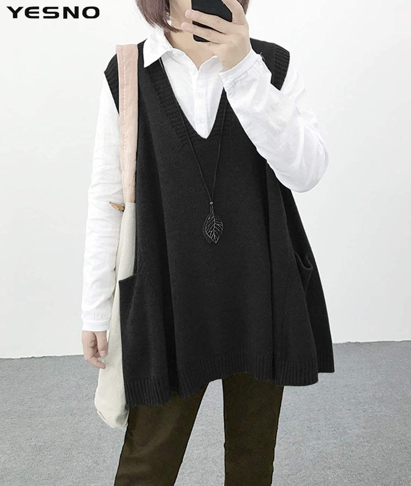 YESNO Sweater Vest Women Loose Swing Cotton Cute Oversized Knit Pullover Sleeveless Sweater Tops with Drop Pockets L WM9 Black - Image 2